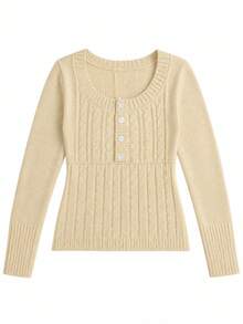 Y2K Millennium Style Girly Cable Knit Slim Fit Flattering Pale Yellow Sweater - Light Yellow - View 4