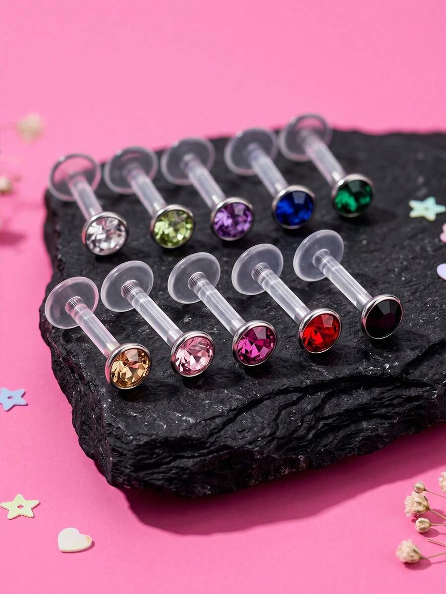 16G 15 Buah Perhiasan Tindik Bibir Transparan Model Medusa, Cincin Bibir Plastik Datar, Penahan Tindik Bioflex Model Dorong, Anting Tusuk Tragus Helix - MultiWarna - View 1
