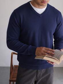 Men's V-Neck Knit Long Sleeve T-Shirt Top, Casual Thin Base Layer Sweater For Autumn/Winter - Navy Blue - View 5