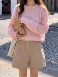 Cherry Blossom Pink Soft Fluffy Crew Neck Sweater, Loose Drop Shoulder Fit + Ribbed Hem, Autumn/Winter Gentle Style Slimming Versatile Skin-Friendly Knit Top - Pink - View 2
