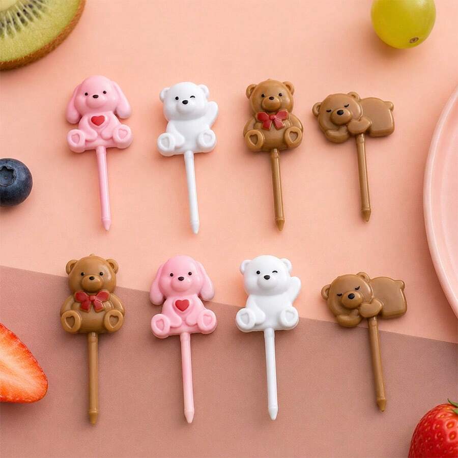 40/30/20/10pcs Cute Cartoon Fruit Forks, Bento Box Accessories, Food Decoration Forks, Bento Forks, Holiday Supplies, Party Fruit Fork Set, Reusable, Suitable For Snack Forks, Cake Forks And Dessert Forks, Great Choice For Outdoor Camping - Teddy Bear - View 1