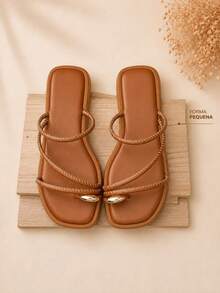 Women's Flatform Sandal With ABS Detail On The Little Toe, Elegant Women's Flat Summer - 鏽棕色 - 查看 2