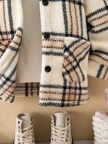 Girls' Autumn/Winter Fashion Soft Comfortable Plaid Print Fleece Hooded Unlined Jacket With Pockets, Preppy Style - Baby Pink - View 6