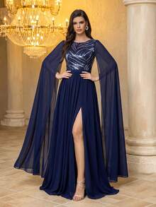 UNITHORSE Women's Sequin Design Round Neck Cape Sleeve Slit Hem Elegant Evening Gown Dress - Navy Blue - View 1