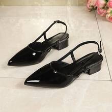 Women's Patent Leather Pointed Toe Slingback Chunky Low Heel Sandals, French Style Buckle Closed Toe Commuter Office Shoes - Black - View 6