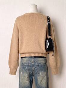 Cable Knit Drop Shoulder Oversized Sweater, Apricot Beige Long Sleeve Crew Neck Loose Cropped Pullover Fall Knit Jumper#Fdoc - Camel - View 4