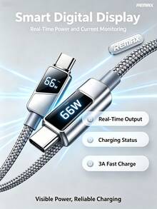 REMAX Kabel data Type-C dengan tampilan digital dan pengisian cepat 66W/3A, bodi kabel jalinan paduan seng, tampilan daya pengisian secara real-time, tahan lama dan tidak mudah kusut, kompatibel dengan kabel pengisian universal untuk ponsel, tablet, dan laptop. - Perak - View 5