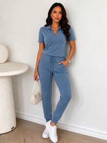 ChicMe Set sportivo da donna 2 pezzi, top a maniche corte con cerniera e pantaloni jogger a vita alta, abbigliamento casual da casa, con tasche, streetwear quotidiano - blu polveroso - Visualizzare 4
