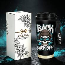 1/5pcs 18oz Stainless Steel Coffee Tumbler, Street Graffiti Skull BACK OFF Cool Punk Print Travel Mug, Multi-Function Flip Straw Lid, Black COFFEE Lanyard Strap, Ideal Gift For Street Art Punk Tattoo Fans, Suitable For Bar Skate Park Party Daily - Skeleton - View 11