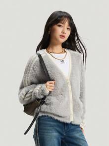 Adidas Originals 女款 CRFT 運動風毛絨拼接開襟針織外套 KT3170 - 灰色 - 查看 1