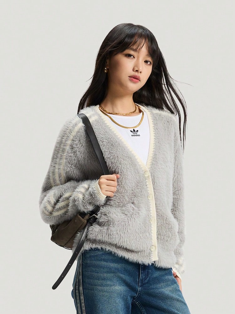 Adidas Originals 女款 CRFT 運動風毛絨拼接開襟針織外套 KT3170 - 灰色 - 查看 1