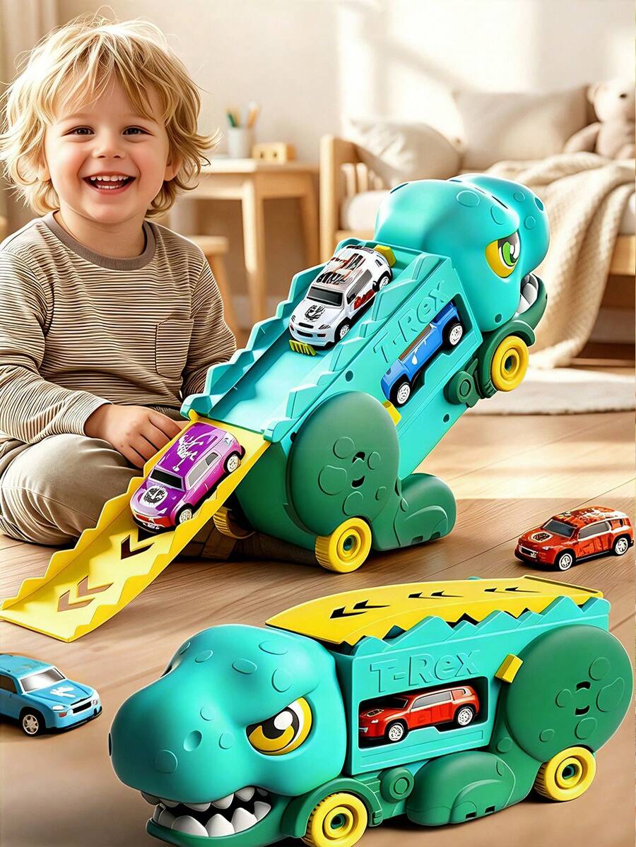 2合1暴龍變形玩具車,恐龍收納與軌道套組,含迷你小車,重力驅動,兒童生日禮物 - 彩色 - 查看 1