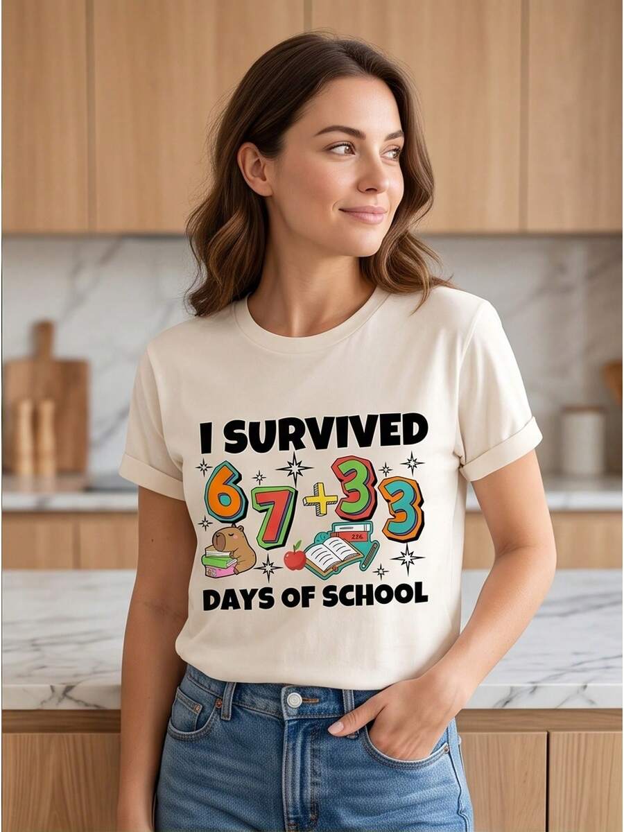 I Survived 100 Days Of School 6 7 Meme Graphic Tee, Funny Casual Top, Perfect Gift For Teachers And Students, Fast Local Delivery - White - View 1