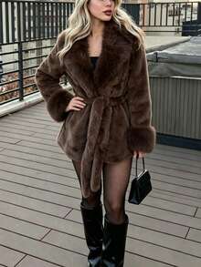1pc Solid Color Faux Fur Belted Jacket For Women, Suitable For Autumn/Winter Vacation - Rust Brown - View 5