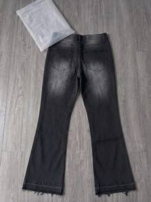 Men's Flared Jeans, Slim Fit Flared Pants, Distressed Patchwork Flared Jeans, Washed Denim Y2K Stacked Pants, Contrast Wash Patchwork Embroidered All-Season Wear - Black - View 4