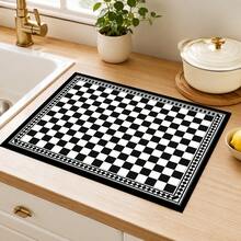 1pc Black & White Plaid Tile Print Diatomaceous Earth Kitchen Drain Mat, Absorbent Quick-Dry Non-Slip Coffee Machine Mat, Suitable For Kitchen Countertop And Coffee Area Decoration - Multicolor - View 2