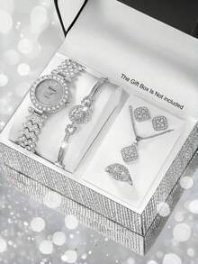 This 2-Piece Elegant Rhinestone Watch Set Is A Fashionable, Minimalist, And Luxurious Full Rhinestone Women's Quartz Watch, Paired With A Heart-Shaped Diamond Bracelet, Suitable For Festivals, Parties, Weddings, Gatherings And Daily Wear, Making It The Perfect Gift For Women. - Silver - View 1