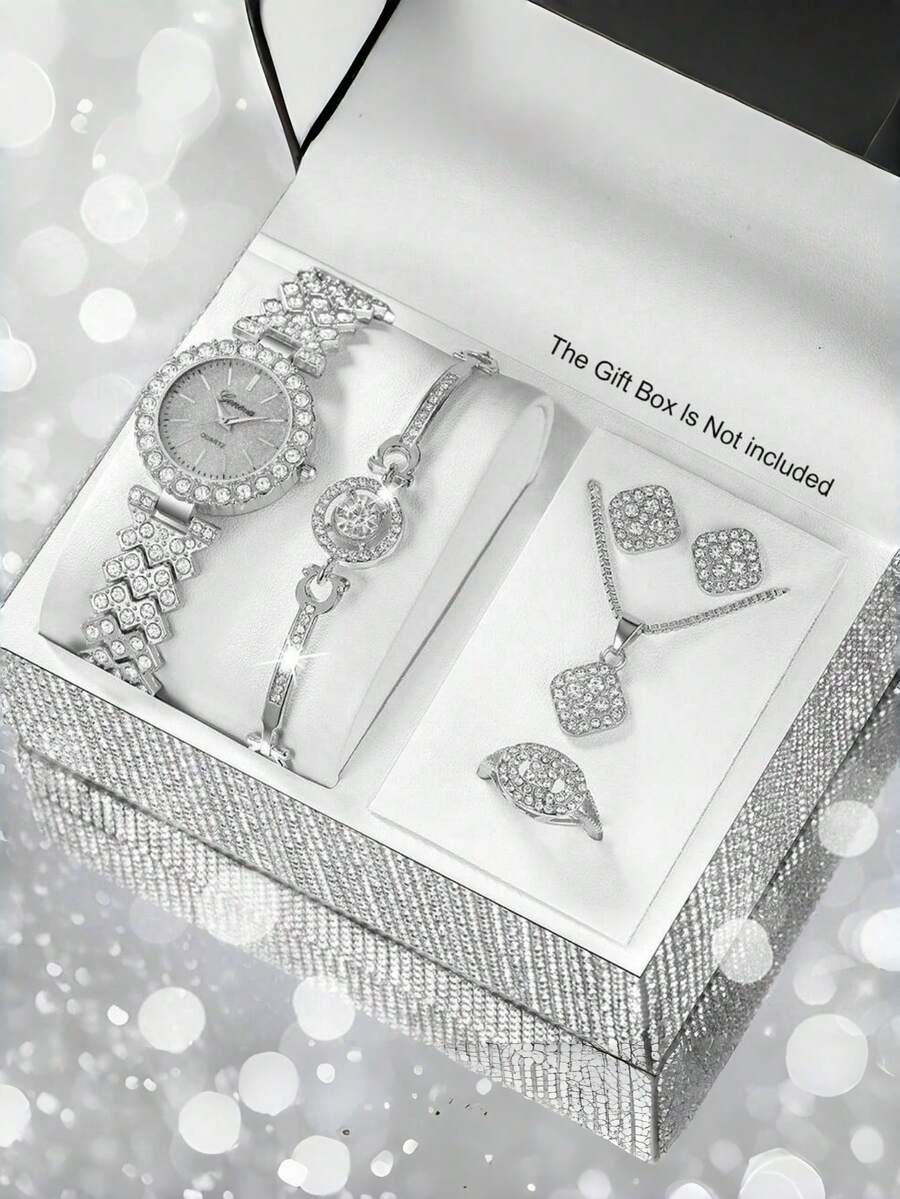 This 2-Piece Elegant Rhinestone Watch Set Is A Fashionable, Minimalist, And Luxurious Full Rhinestone Women's Quartz Watch, Paired With A Heart-Shaped Diamond Bracelet, Suitable For Festivals, Parties, Weddings, Gatherings And Daily Wear, Making It The Perfect Gift For Women. - Silver - View 1