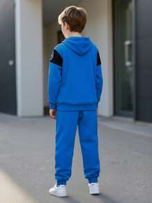 Tween Boys' Spring/Autumn Long Sleeve Hoodie & Long Pants 2-Piece Set, Royal Blue With Black & White Contrast Racing Letter & Number Print Hoodie And Matching Royal Blue Racing Logo Print Cuffed Casual Sweatpants, Suitable For Daily Outings, School Activities, Outdoor Leisure, Motorcycle Racing Sportswear - Blue - View 3
