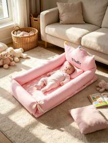 Portable Baby Nest Bed With Pillow, Crown-Shaped Newborn Sleep Lounger, Soft Anti-Roll Co-Sleeping Bed, Pom Pom Decor Random Color - Multicolor - View 1