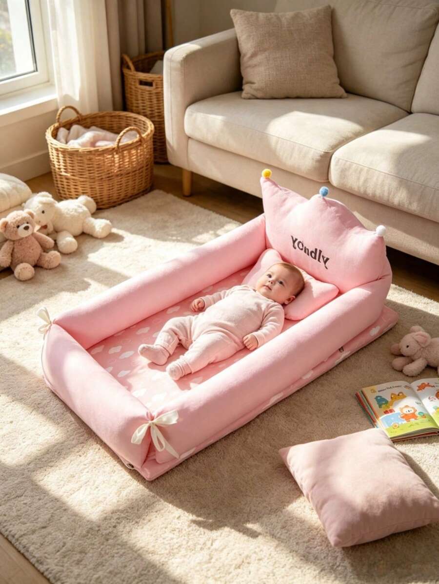 Portable Baby Nest Bed With Pillow, Crown-Shaped Newborn Sleep Lounger, Soft Anti-Roll Co-Sleeping Bed, Pom Pom Decor Random Color - Multicolor - View 1