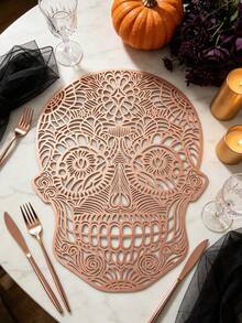 1/4/6 piezas Manteles individuales de PVC con calavera de Halloween y lámina dorada, decoración de hotel y restaurante, resistentes al calor y antideslizantes, manteles de estilo occidental para bodas, fiestas, Halloween, festival de cosecha de otoño, celebraciones festivas, picnics, camping, banquetes de cumpleaños, decoración de mesa de comedor - Multicolor - Ver 6