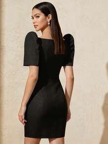 Modern Philippine Style Elegant Dress, Butterfly Sleeve Philippine Style, Party Dress, Solid Color Square Neck Dress - Black - View 7