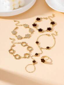 4pcs Luxurious Elegant Exquisite Sparkling Brown Sweet Clover Women's Finger Bracelet/1pc Ring Jewelry Set - Brown - View 3