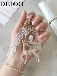 Dedoo 鹿形鑰匙圈吊飾，蕾絲珍珠蝴蝶結包包掛飾，韓系甜美三葉草後背包掛鏈，Y2K女孩風禮物 - 彩色 - 查看 1