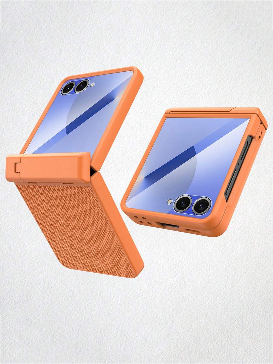 VIETAO 格子紋理遮陽帽隱藏式支架強化玻璃螢幕保護貼 Galaxy Z Flip 7 6 Flip6 手機殼 - 橘色 - 查看 1