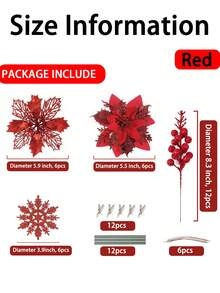 10pcs/60pcs 1 Set Christmas Artificial Poinsettia Flower Stems With Clips, Glitter Faux Flower Decor, DIY Christmas Tree Hanging Ornaments, Holiday Home Decoration, Suitable For Wreaths, Garlands, Tabletop Arrangements, Winter Indoor, Farmhouse Windowsill Fireplace Holiday Decor - Multicolor - View 10