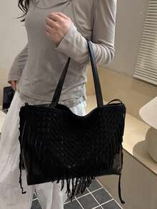 歐美跨境個性化大容量海灘度假時尚新款編織鏤空透氣手提肩背托特包 - 黑色 - 查看 2