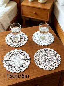 4 Pcs White Hand-Hooked Embroidery Cup Mats – Circular, Open-Work Lace Designs; Suitable As Coffee Cup Mats, Lace Table Runners, Vase Pads, And For Decorating Tables At Weddings, Birthdays, Parties, As Well As For Home And Kitchen Use Or As Gifts. - Multicolor - View 5