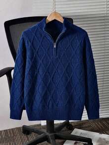 Boys' Preppy Solid Color Half-Zip Argyle Knit Pullover Sweater, Suitable For School Spring, Autumn, Winter - Navy Blue - View 4