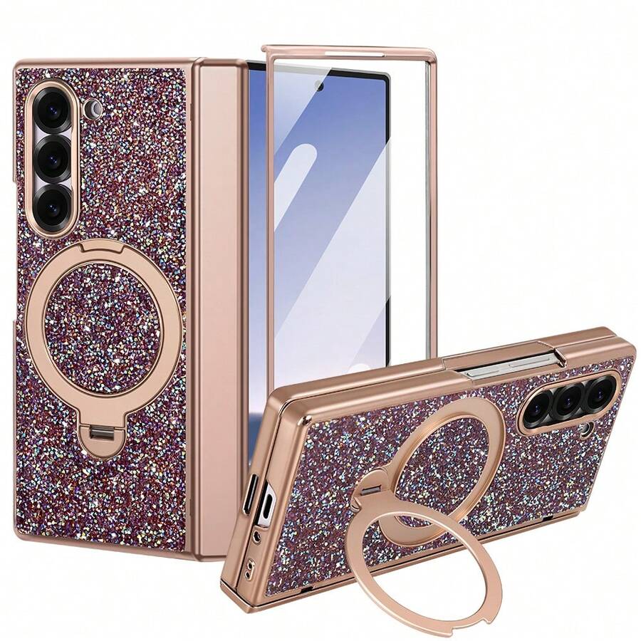 VIETAO 時尚高品質亮面電鍍隱藏圓形支架 Galaxy Z Fold 7 6 折疊手機殼 全包覆保護殼 附鋼化玻璃螢幕保護貼 - 紫色 - 查看 1
