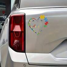 多色拼圖愛心自閉症絲帶汽車貼紙，手寫自閉症文字貼紙，13cm正方形耐候貼紙，適用於汽車窗戶、卡車、SUV - 貼紙 - 查看 5