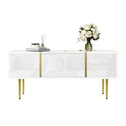 White Lacquered Coffee Table, Modern And Sleek, With 2 Drawers - 白色 - 查看 1