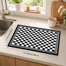 1pc Black & White Plaid Tile Print Diatomaceous Earth Kitchen Drain Mat, Absorbent Quick-Dry Non-Slip Coffee Machine Mat, Suitable For Kitchen Countertop And Coffee Area Decoration - Multicolor - View 10