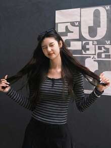 Striped Colorblock Button Half-Placket Long Sleeve T-Shirt - Grey - View 5