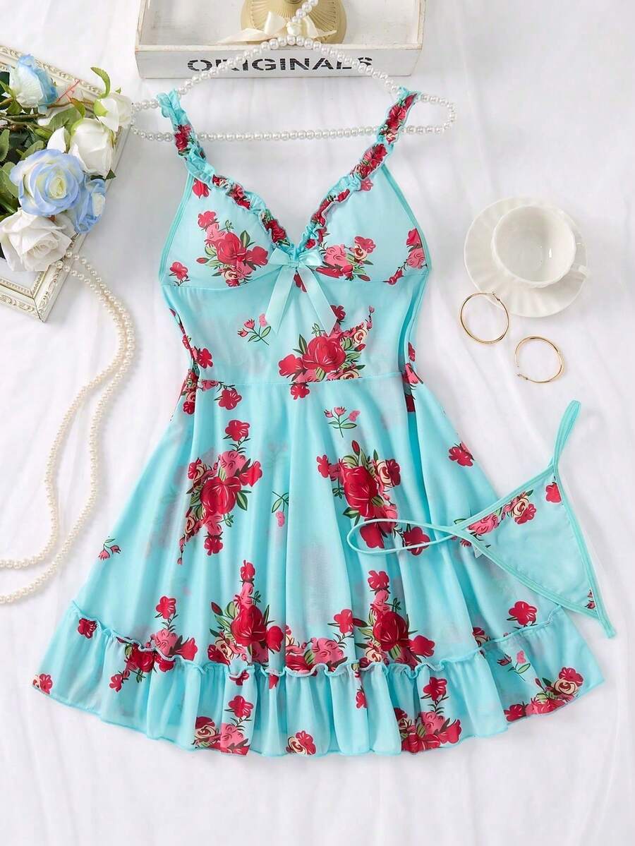2pcs Sexy Lingerie Sleepwear Set, Includes Matching Thong, Exquisite Ruffle Hem, Vibrant Floral Pattern - Green - View 1