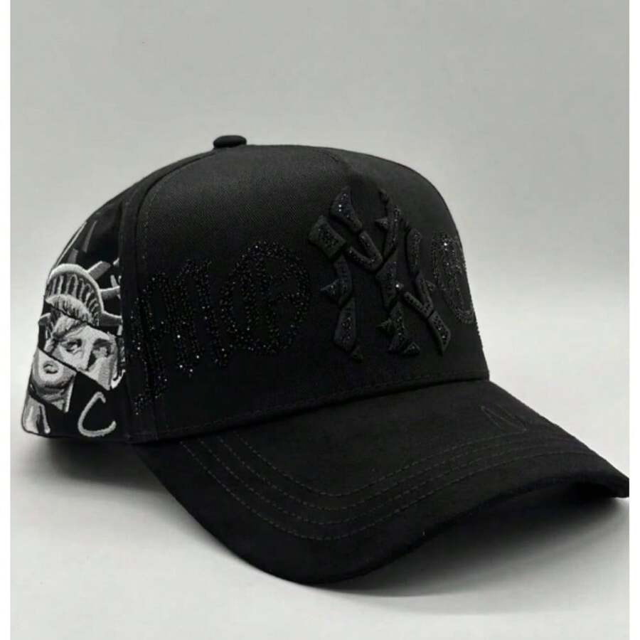 Gorra MY Negra con Aplicaciones de Strass, Estilo Streetwear Americano, Gorra de Béisbol Tipo Dad Hat Unisex Ajustable - Albaricoque - Ver 1