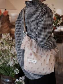 Back To School Season Niche Design INS Style Floral Ruffle Trim Dress Bag Large Capacity Underarm Bucket Bag Commute Outing Daily Artistic Canvas Shoulder Crossbody Bag - Multicolor - View 6
