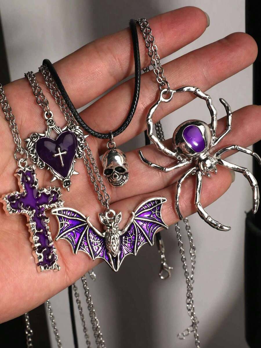 5pcs Vintage Gothic European American Halloween Quirky Gemstone Dark Retro Punk Gothic Bat, Skull, Melting Cross, Rose Heart, Purple Giant Spider Jewelry Pendant Earrings, Bohemian Style Necklace, Y2K Women's Necklace