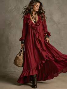 Vuslat Women's Autumn Deep V-Neck Burgundy Long Sleeve Double Layer Ruffle Hem Asymmetrical Halter Neck Maxi Dress, Suitable For Halloween, Music Festival - Burgundy - View 7