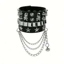 2 pièces Ensemble de bracelets style punk avec rivets, crâne et étoile, bracelet à boucle cloutée pour Halloween, décoratif en PU - Noir - Voir 12