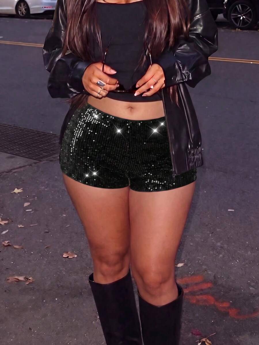 Women's New Autumn/Winter Daily Versatile Leopard Print Sequin Embroidered All-Season Shorts - Black - View 1