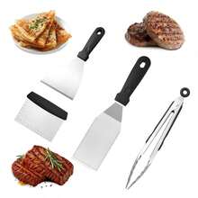 4pcs Stainless Steel Flat Top Grill Tool Set, Spatula, Scraper And Tongs Combination; Non-Slip Heat-Resistant Handle BBQ Cooking Accessories, Suitable For Grilling, Flipping, Mashing Ingredients, Perfect For Outdoor BBQ, Camping And Backyard Use - Non-Stick Griddle Cooking Tools, Griddle Scraper With Measurement - - - View 9