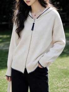 Women's Autumn/Winter Casual Minimalist Contrast Trim Hooded Knit Cardigan Sweater Fall - Beige - View 1