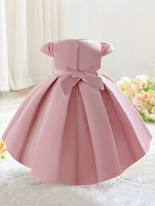 Baby Girls Round Neck Sequin Embroidered Satin Cute Flower Girl Birthday Train Dress Suitable For Party, Fabric Pattern Randomly Cut, Headband Not Included - Dusty Pink - View 5