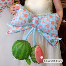 2pcs 20 Inch Fruit Print Bow Backpack Foil Balloons, Strawberry & Watermelon Design, Aesthetic Birthday Photo Props, Summer Party Decoration - View 9